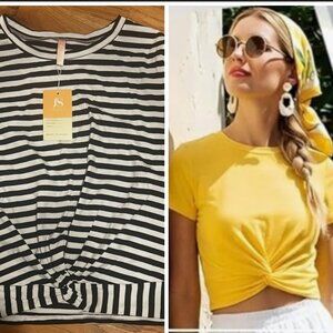 JINKESI Women's Short Sleeve Round Neck Crop Tops Twist Front Tee